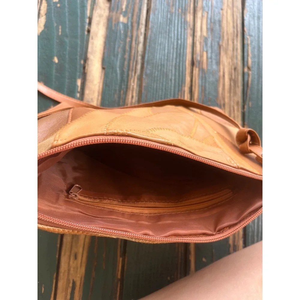 Vintage Leather Patchwork Crossbody Bag Tan Brown Multi Tone Boho Zip Shoulder